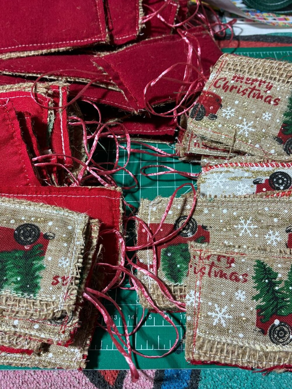 12 Christmas Burlap Fabric Rectange Red Truck Merry Christmas Tags (A)